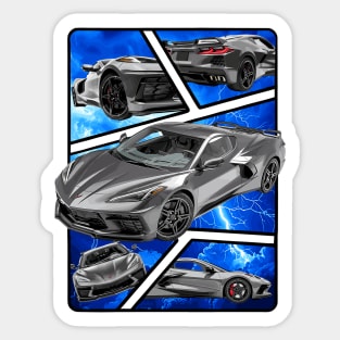 Multiple Angles of the Hypersonic Gray C8 Corvette Presented In A Bold Vibrant Panel Art Display Supercar Sports Car Racecar Torch Gray Corvette C8 Sticker